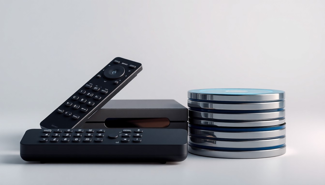 A high-end, photorealistic studio still-life photograph featuring a sleek, modern video streaming device, a high-end remote control, and a stack of Blu-ray discs arranged elegantly on a clean, monochromatic seamless background, conceptually representing the intersection of traditional and digital video entertainment.
