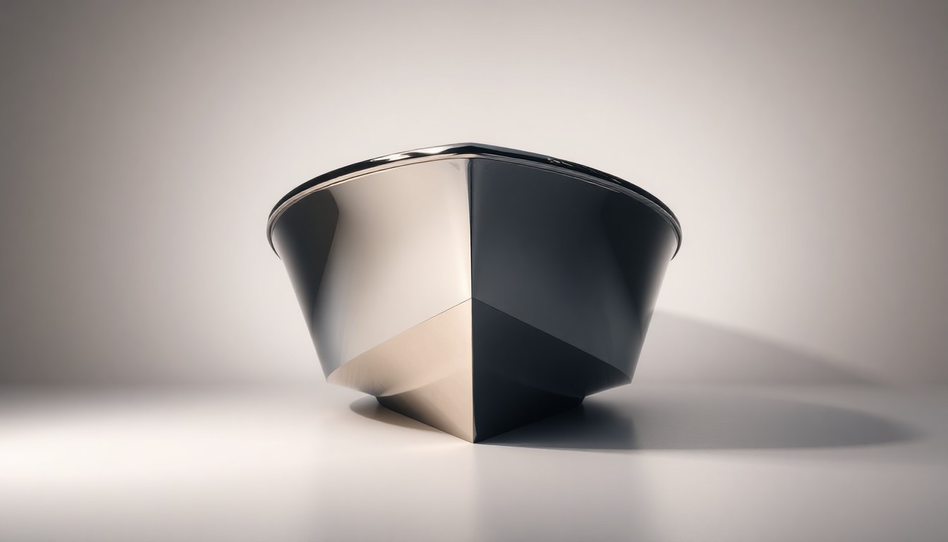 A highly reflective, chrome boat hull resting on a clean, white background, with dramatic studio lighting casting deep shadows to represent the abstract concepts of industry consolidation and premium boating.