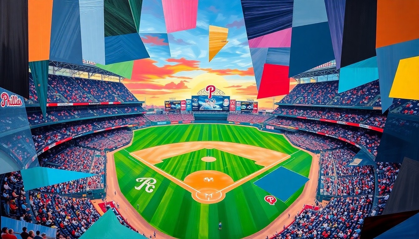 A cubist, geometric illustration depicting a baseball game between the Atlanta Braves and Philadelphia Phillies, with overlapping planes of color representing the players, field, and stadium environment.