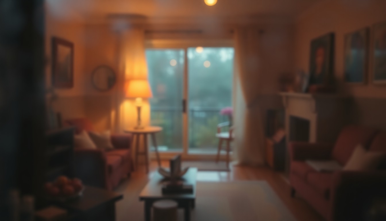 An abstract, out-of-focus image with soft pools of warm light and color, conceptually representing the cozy, inviting atmosphere of a new home.