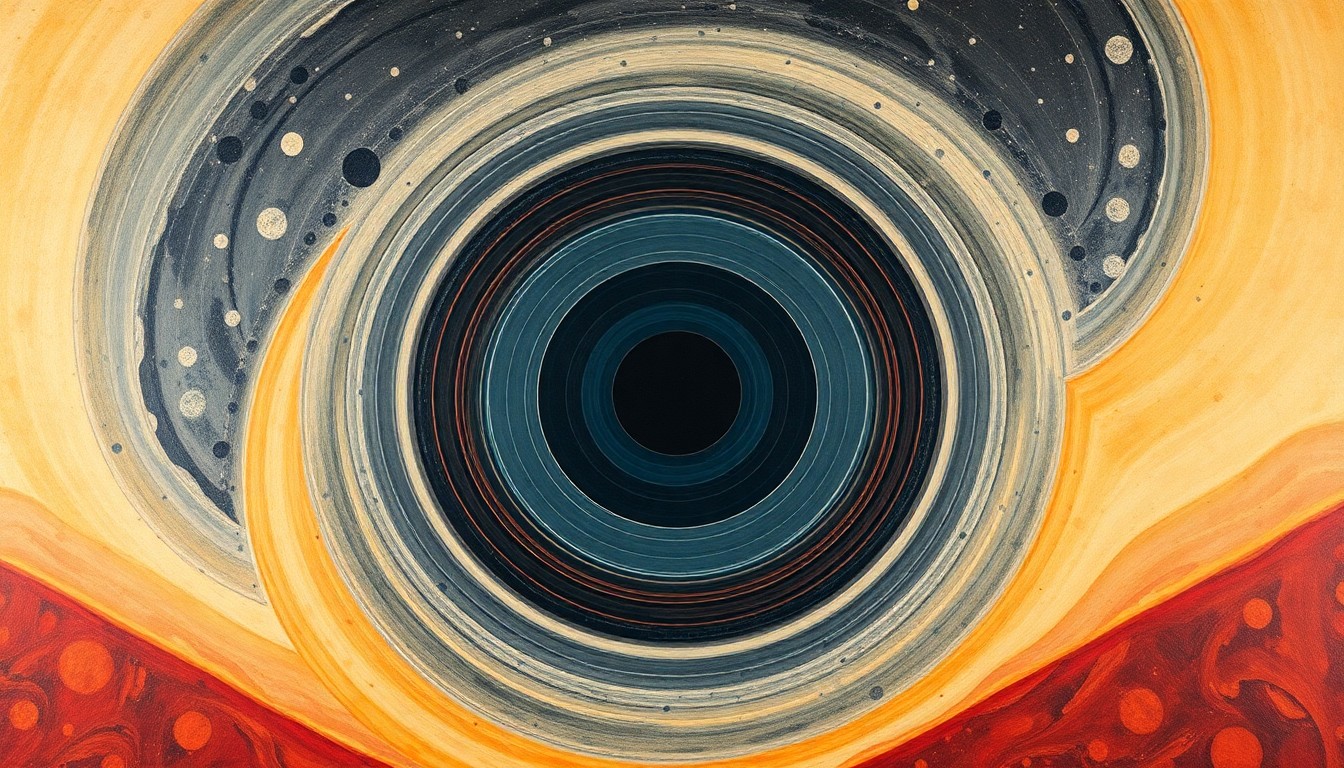 A vibrant abstract painting featuring sweeping arcs, concentric circles, and precise spirals in shades of blue, green, and purple, conceptually representing the complex interplay of solar activity and Earth's magnetic field that can produce dramatic auroras.