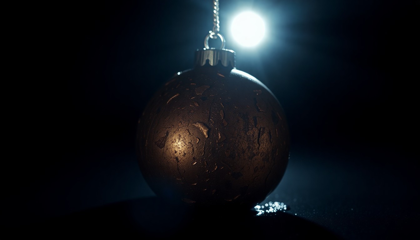 An extreme close-up of a tarnished, weathered Christmas ornament reflecting a harsh, direct camera flash, conceptually representing the rediscovery of a family's tragic fate after over 60 years.