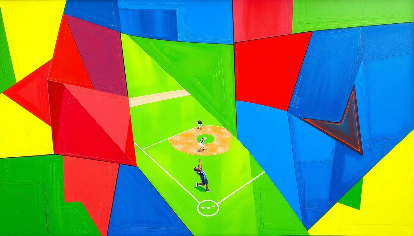 A fragmented, geometric painting in bold colors depicting the dynamic motion and shifting momentum of a high school softball game, with no recognizable figures or text.