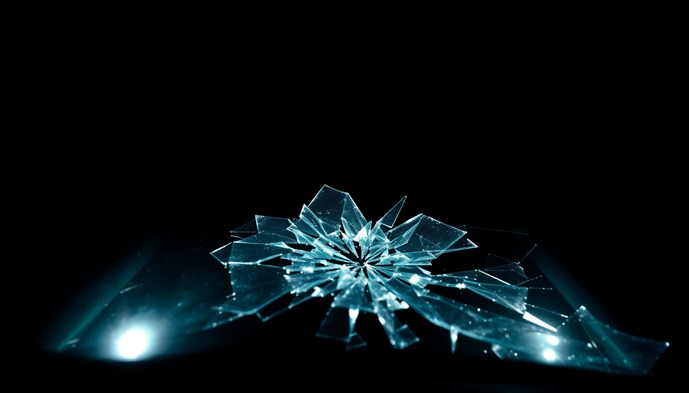 An extreme close-up photograph of a shattered car windshield, the jagged glass fragments conceptually representing the danger of the high-speed chase and crash.
