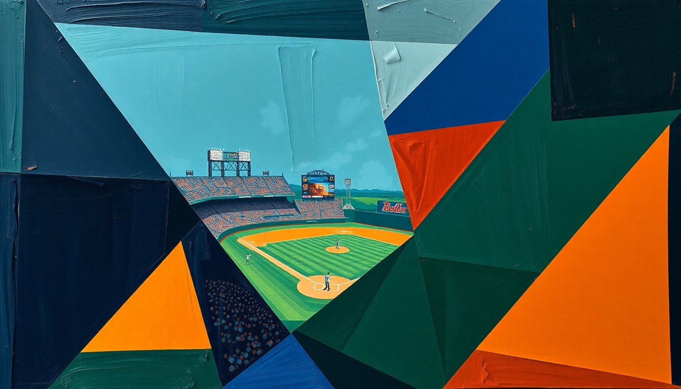 A fragmented, geometric painting depicting a baseball game from multiple angles, with sharp planes of navy, green, and orange representing the players, field, and stadium.