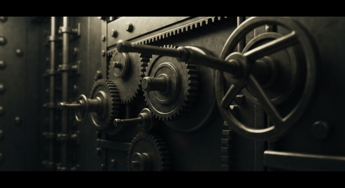 An extreme close-up of the heavy, industrial machinery and mechanisms that make up the inner workings of a large banking vault, conveying a sense of security, stability, and financial power.