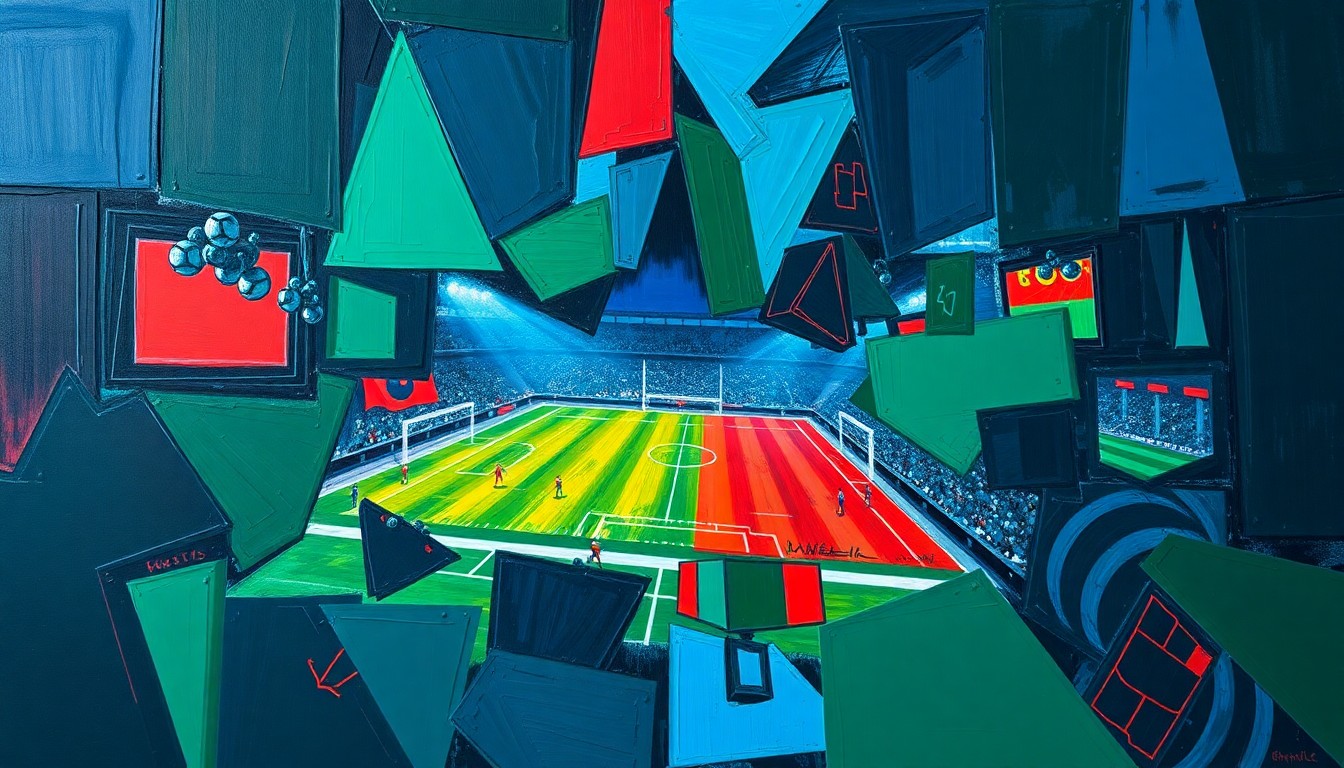 A fractured, geometric painting in vibrant blues, greens, and reds, depicting the overlapping movements and perspectives of a football game or match, conveying the dynamic and uncertain nature of the Eagles' wide receiver position.