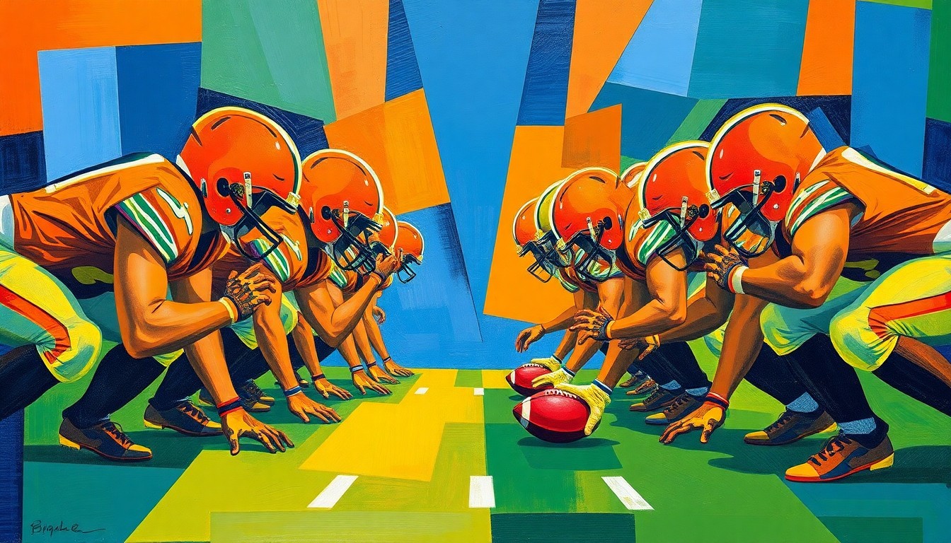 A cubist, geometric painting depicting the fractured, multi-perspective view of a football offensive line, using vibrant colors to capture the dynamic energy of the sport.