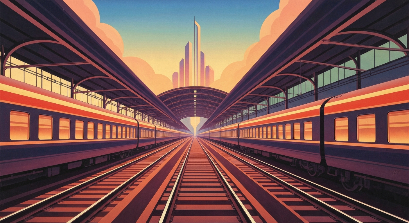 A bold, geometric illustration in the Art Deco style, featuring sweeping gradients of warm colors and towering, forced perspectives of a train station or landscape, capturing the grand scale and romance of train travel without any literal depictions of people or text.