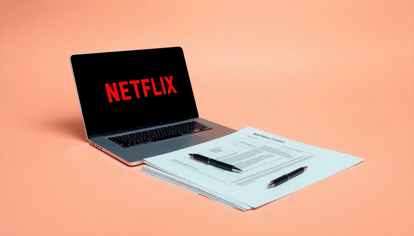 A minimalist, photorealistic studio still life featuring a stack of business contracts, a laptop, and a pen on a clean, monochromatic background, symbolizing the corporate strategy behind Netflix's abandoned acquisition of Warner Bros. Discovery.
