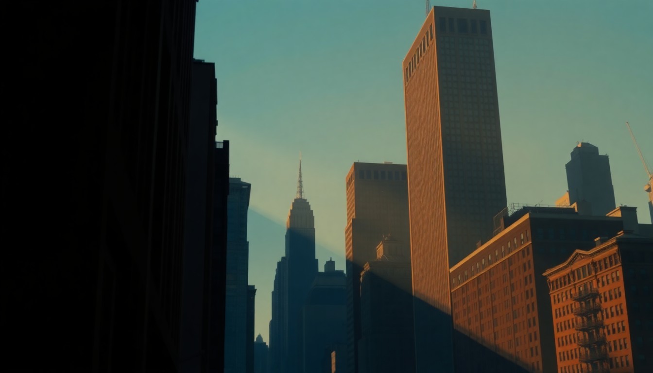 A serene, cinematic painting of a lone skyscraper in downtown New York City, its windows glowing warmly in the afternoon sun as deep shadows stretch across the street below.