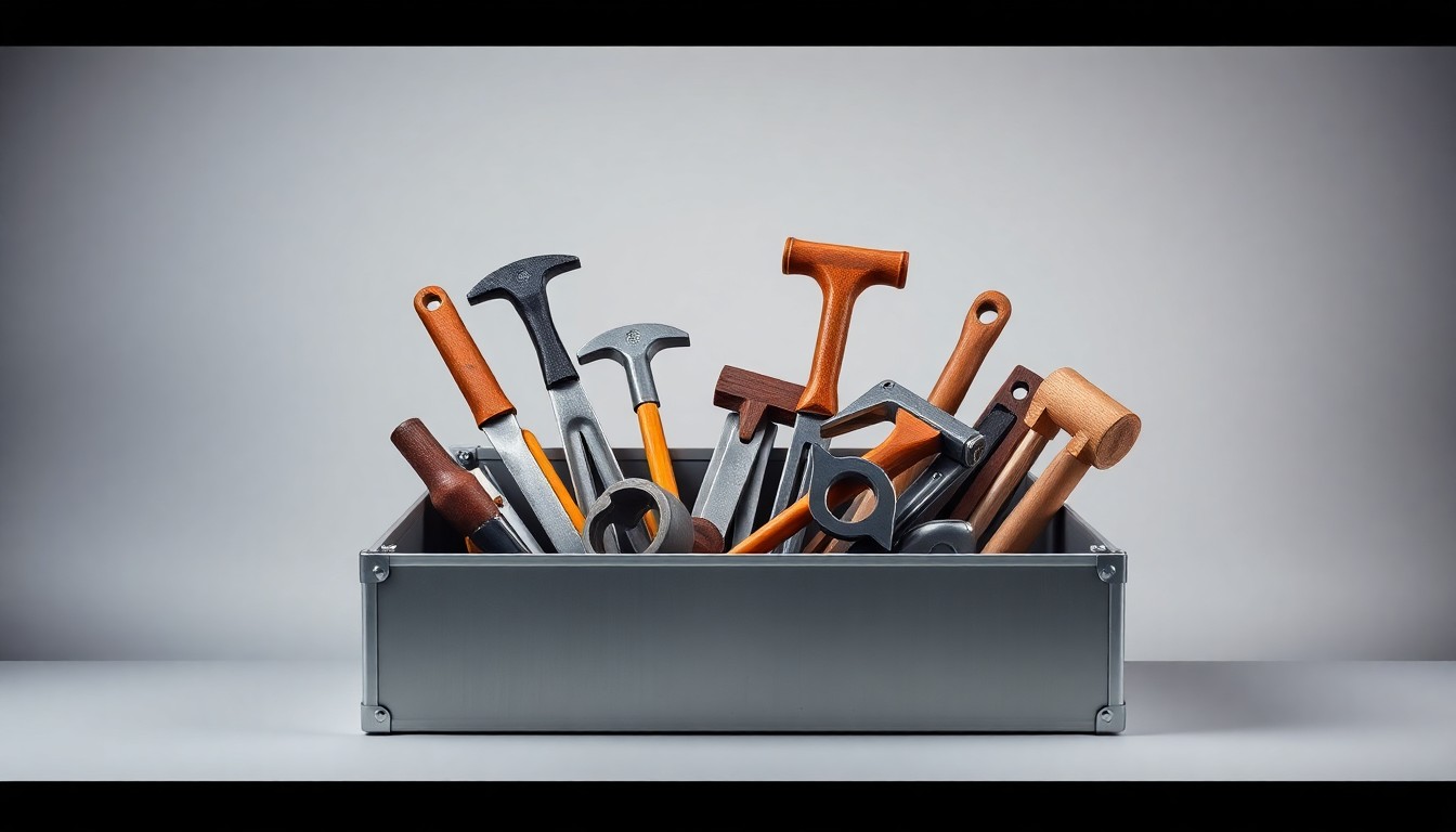 A photorealistic studio still life featuring a polished metal toolbox filled with various construction tools arranged neatly against a clean, monochromatic background, conveying the importance of contractors' equipment to their operations.