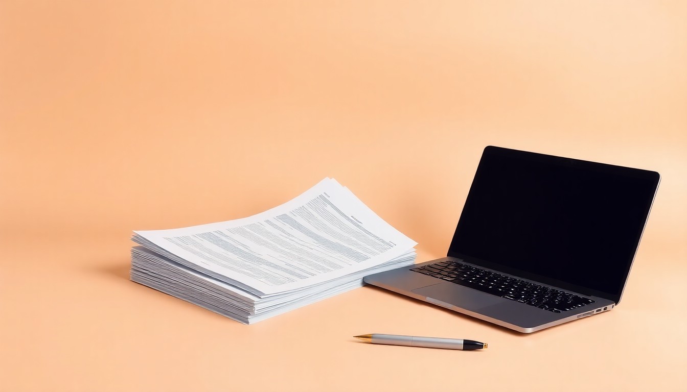 A minimalist, high-contrast studio photograph featuring a stack of financial documents, a laptop, and a pen arranged on a clean, white background, conceptually representing the abstract business challenges faced by QVC.