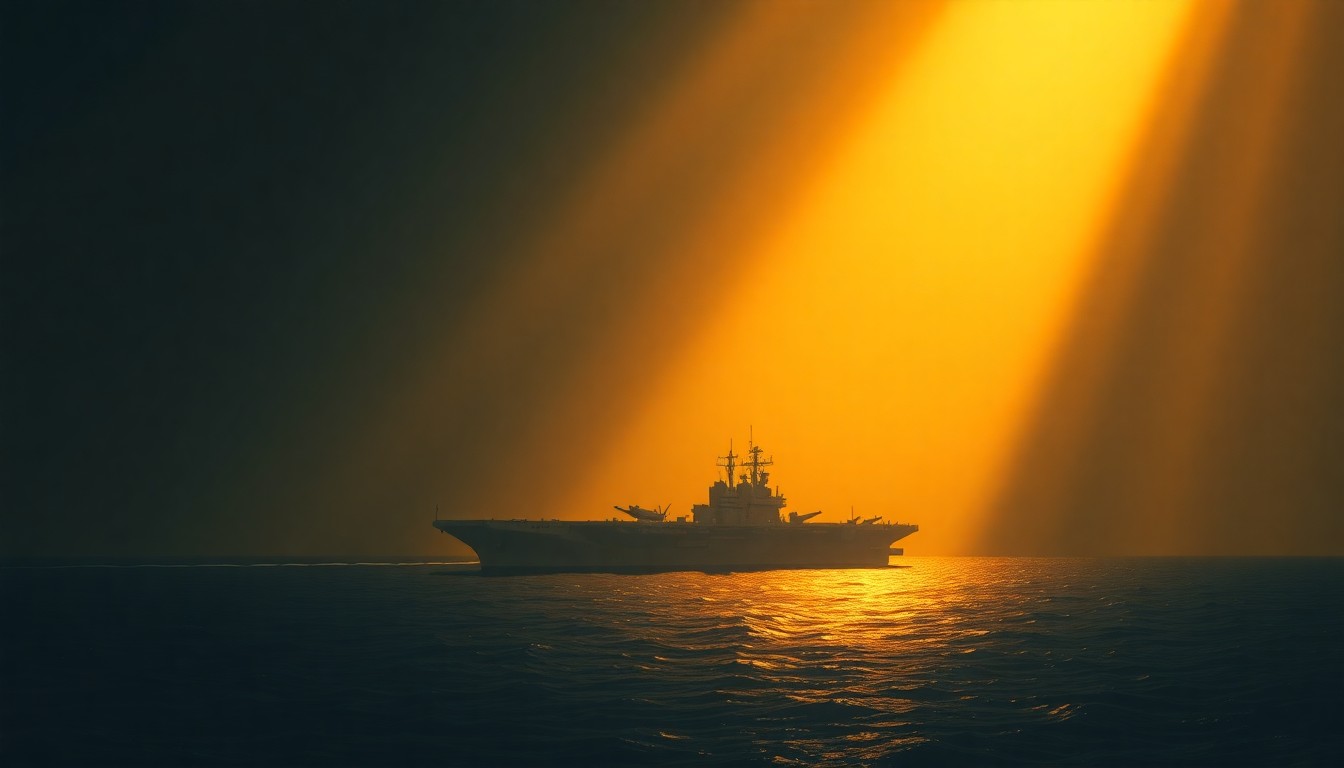 A serene, cinematic painting of a large aircraft carrier silhouetted against a golden sunset, its hull reflecting the warm light and casting long shadows across the calm waters, conveying a sense of isolation and the strain of prolonged naval operations.