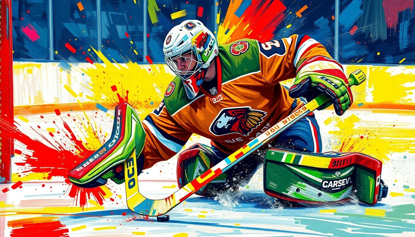 An abstract, expressionist painting depicting the intense, dynamic movements of a hockey goaltender making a save, with vibrant neon colors and loose, energetic brushstrokes capturing the raw athleticism of the moment.