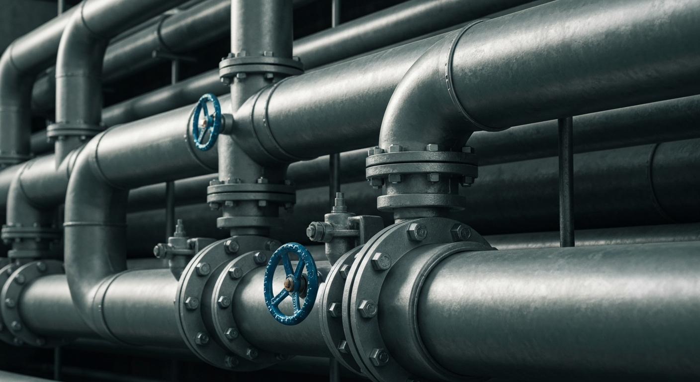 An extreme close-up of gleaming, heavy-duty water pipes and valves, representing the robust physical assets and financial strength of a well-established water utility company.