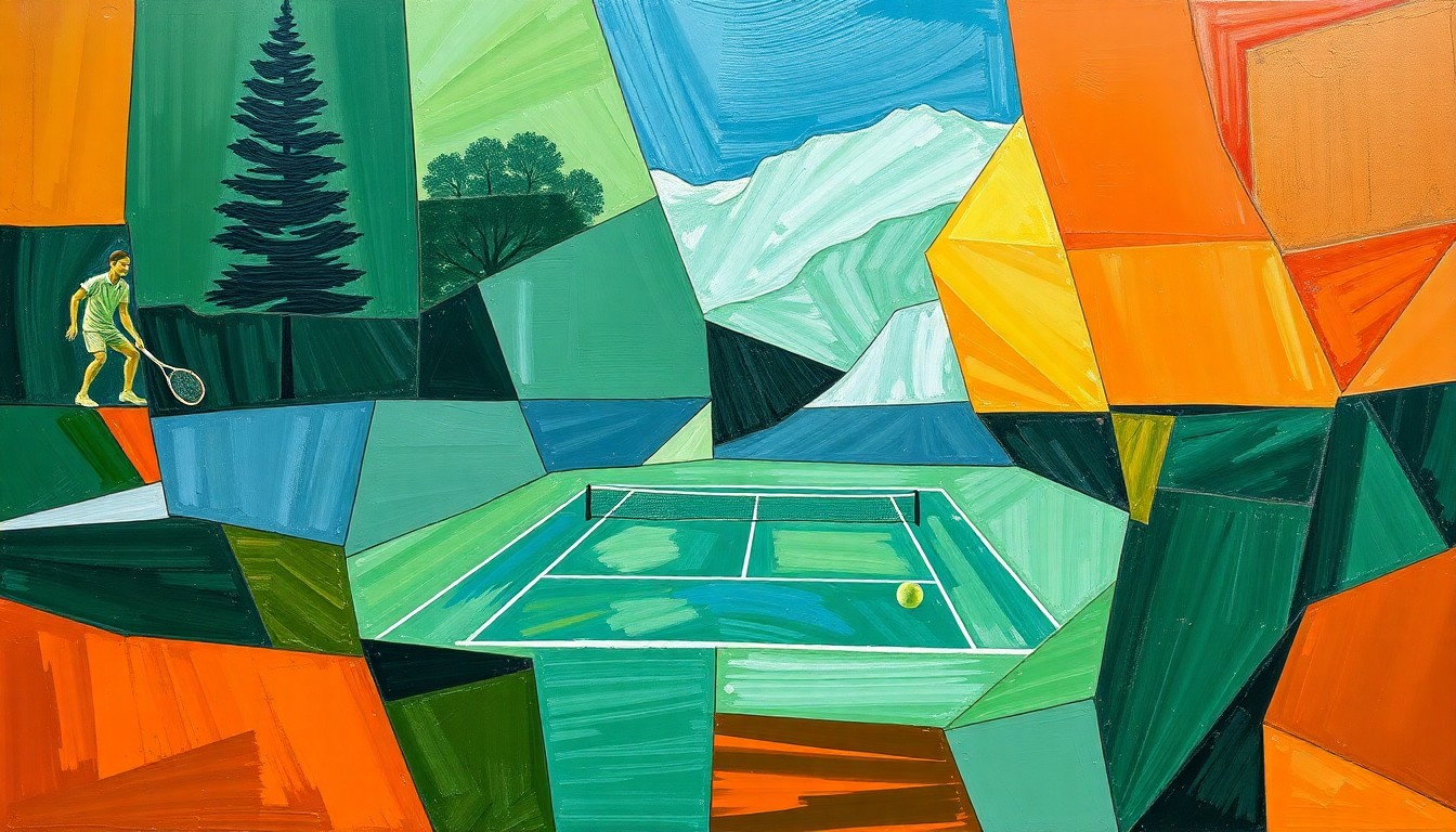 A fractured, geometric painting depicting a tennis match, with overlapping planes of color representing the dynamic action on the court.