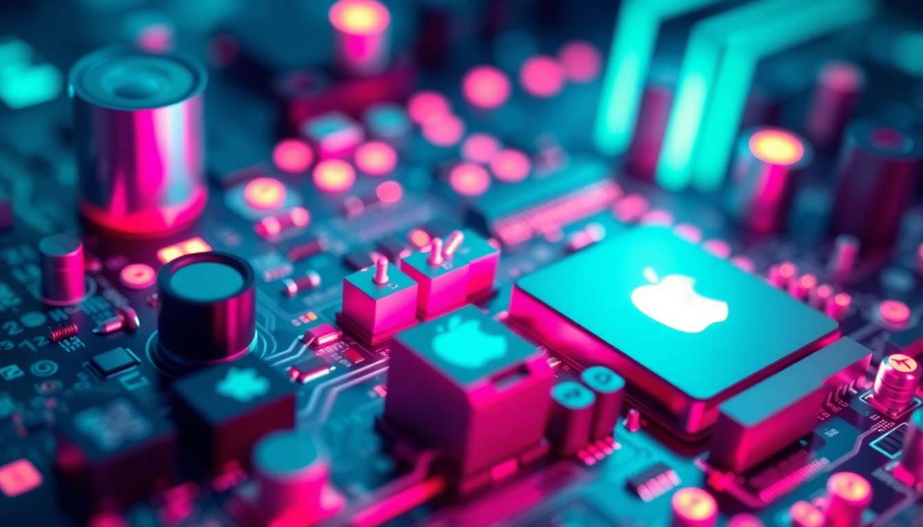 A highly detailed, macro-level illustration of a futuristic, glowing circuit board or computer hardware, with neon cyan and magenta lights illuminating the intricate components, conceptually representing the technological innovations that enabled Apple's comeback.
