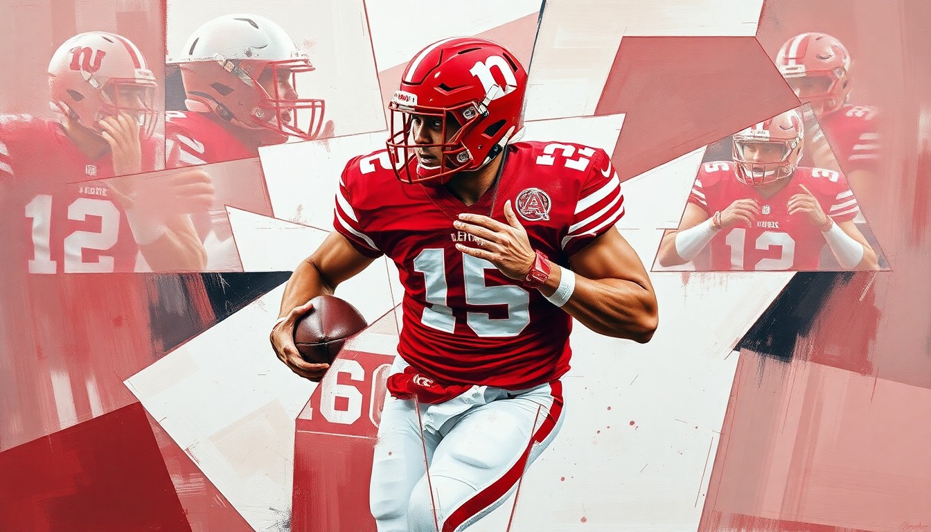 A cubist-style painting depicting fragmented, overlapping geometric shapes in muted tones, representing the multifaceted life and career of a former Nebraska football player.