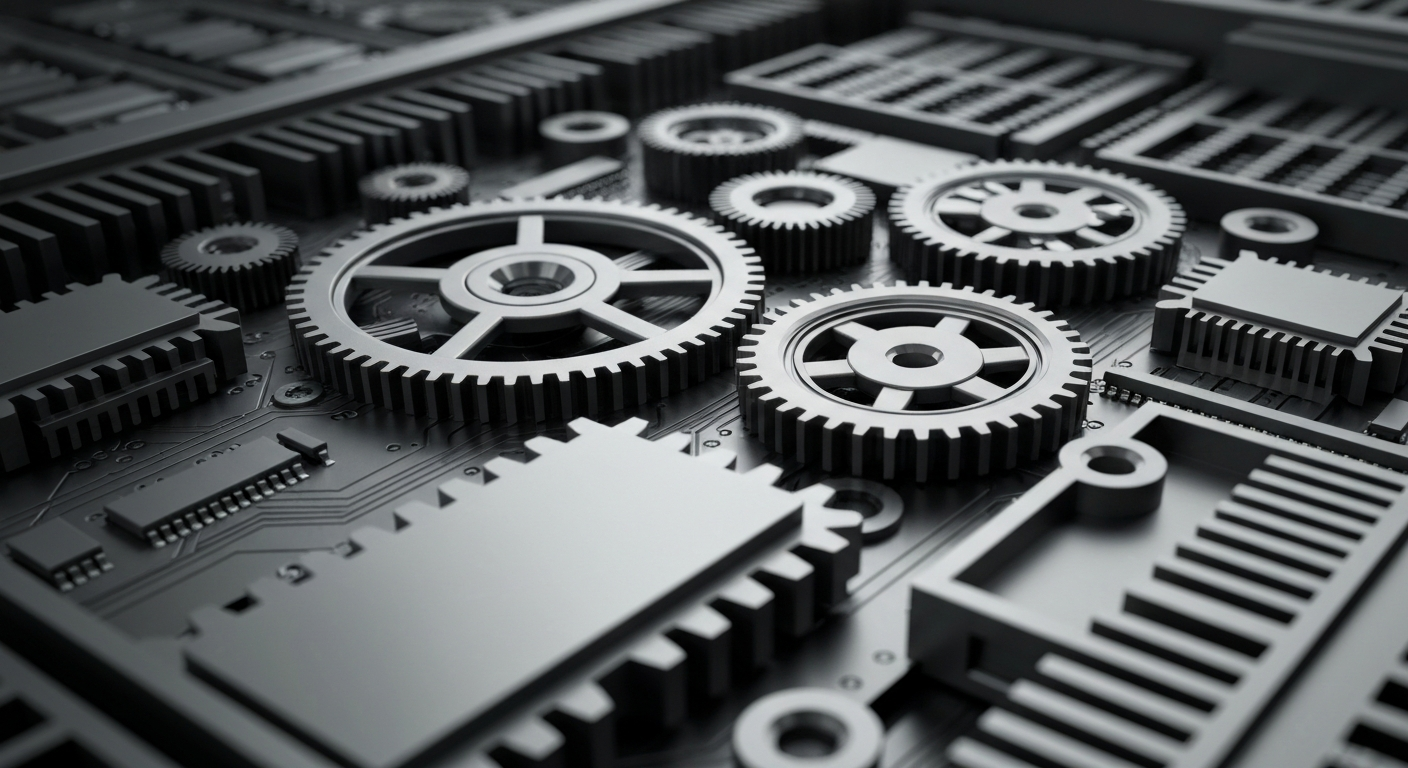 An extreme close-up of the intricate inner workings of a stock trading terminal, with gears, circuits, and mechanical components in shades of steel gray and gunmetal, conceptually representing the complex financial infrastructure that drives the stock market's continued growth.