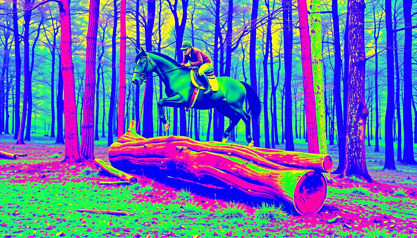A vibrant, abstract silkscreen print depicting a horse and rider jumping over a fallen log in a lush forest, rendered in a bold, neon color palette that evokes the energy and excitement of the equestrian event.