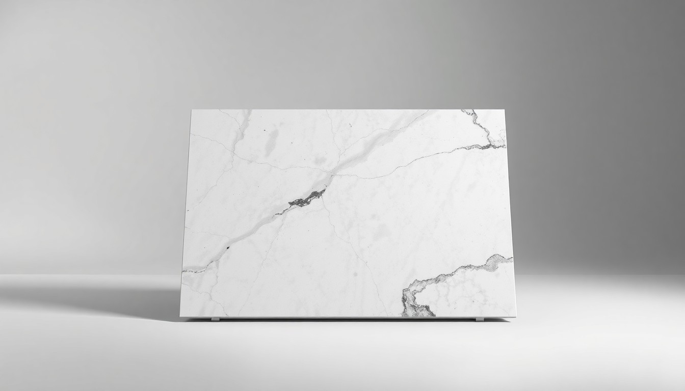 A highly detailed, photorealistic studio photograph of a smooth, geometric marble slab in a neutral color palette, resting on a clean, monochromatic background with dramatic lighting and deep shadows, conceptually representing the precision and craftsmanship of a family-owned marble fabrication business.