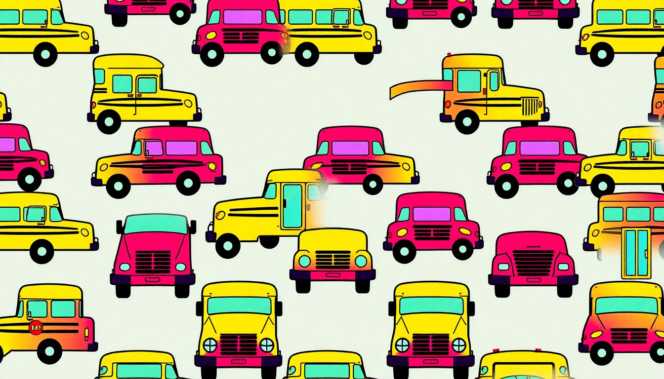 A highly stylized, pop art-inspired illustration featuring a repeating grid of school bus icons in bright, neon colors with bold black outlines, conceptually representing the importance of Indigenous parent involvement in education.