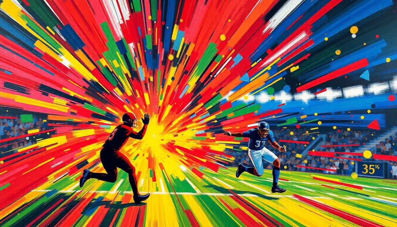 An abstract, expressionist painting featuring bold, neon-colored brushstrokes and shapes that evoke the excitement and energy of sports betting and prediction markets.