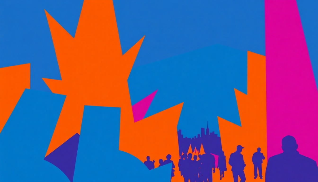 A bold, abstract illustration featuring jagged geometric shapes in vibrant shades of blue, orange, and purple, conceptually representing the energy and excitement of a comic book convention.