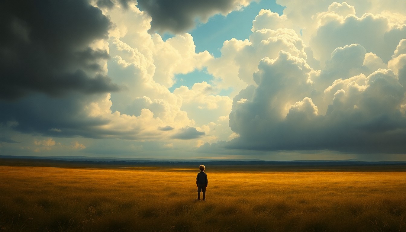 A sweeping landscape painting in muted tones, with a small child standing alone in an open field, gazing up at the dramatic, cloud-filled sky above, conveying a sense of wonder and the sublime scale of the natural world.