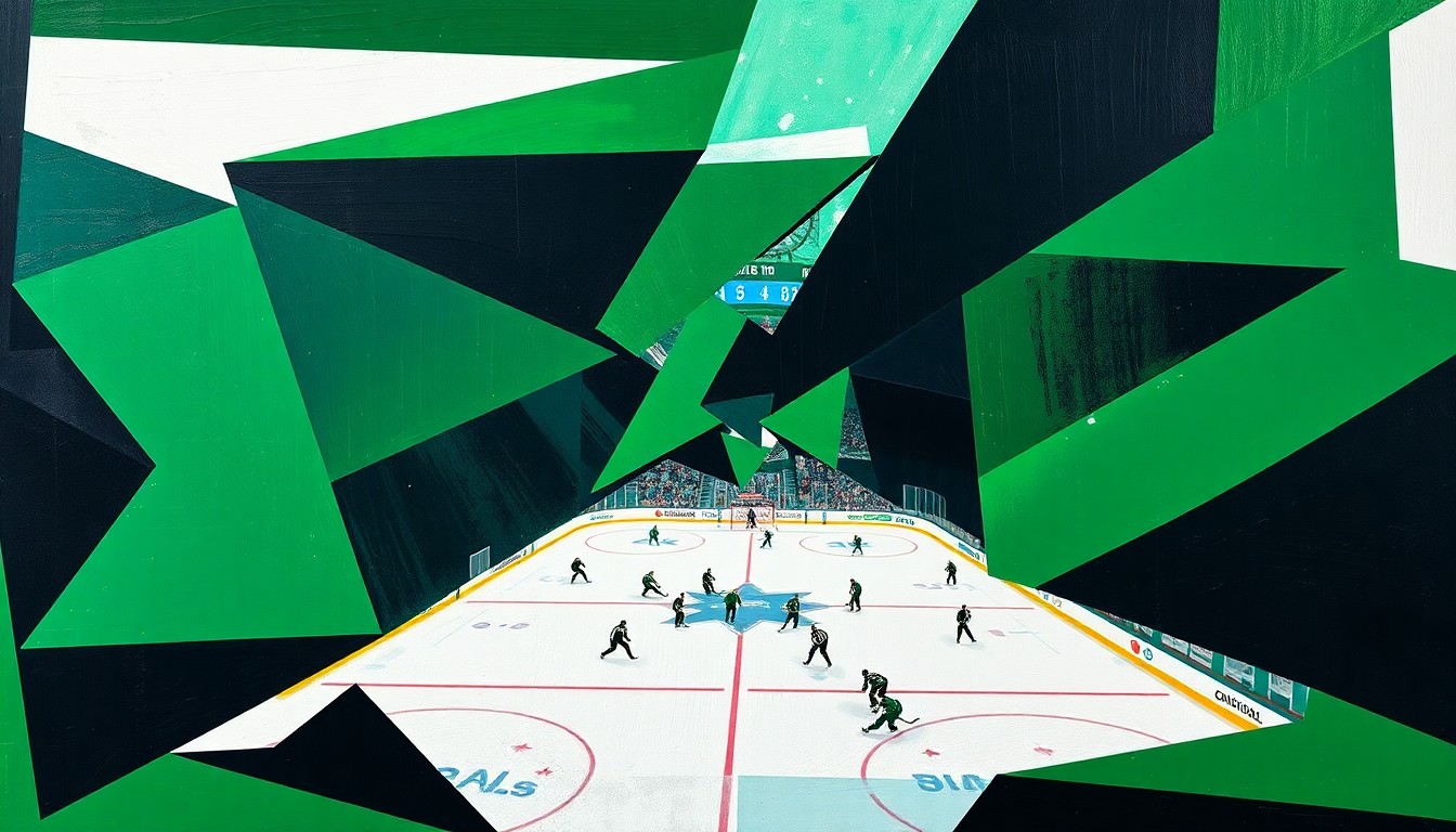 A cubist, geometric painting depicting a Dallas Stars hockey game, with sharp, overlapping planes of green, black, and white representing the dynamic action on the ice.