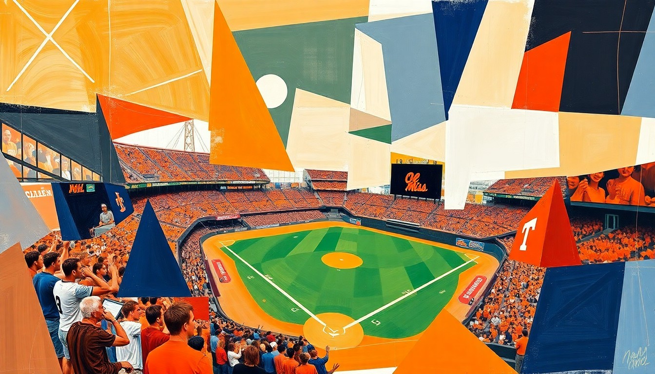 A fractured, geometric painting in bold colors depicting the dynamic action of a college baseball game, with players and the field deconstructed into sharp, overlapping planes.