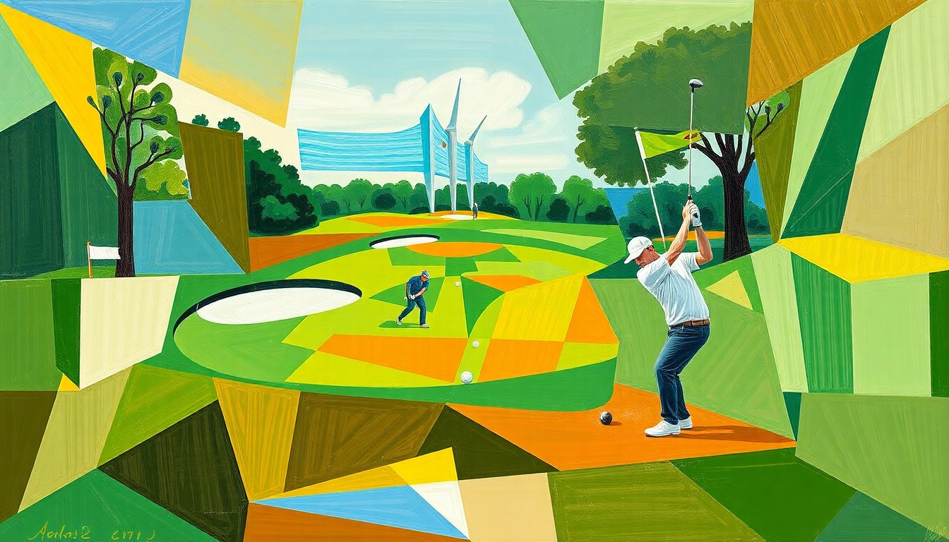 A fragmented, geometric painting in bold colors depicts a golf match from various angles, with the players and course breaking down into sharp, overlapping shapes.