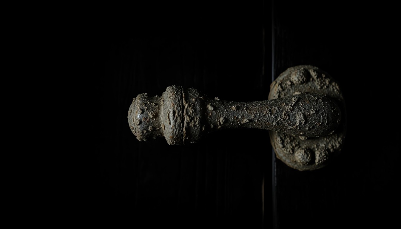 An extreme close-up of a twisted, mud-caked cabin door handle reflecting the harsh light of a camera flash, conceptually illustrating the aftermath of the deadly flash flood at Camp Mystic.