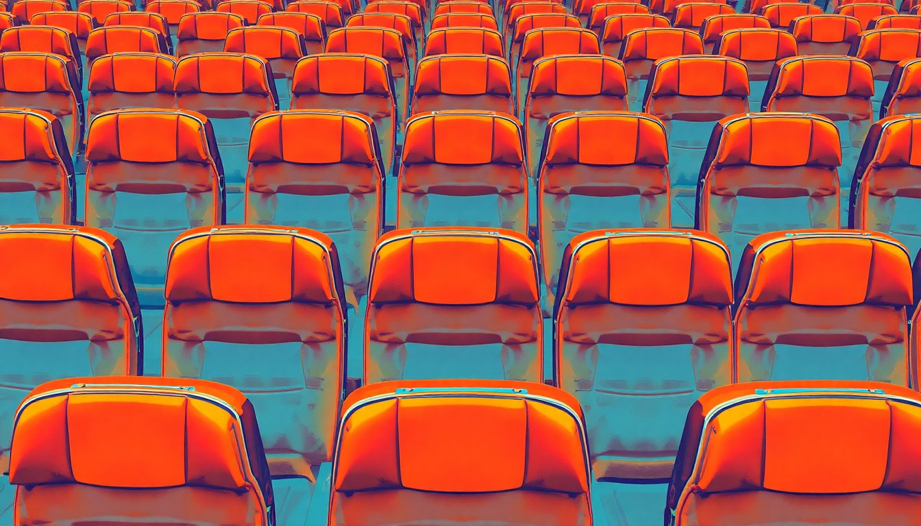 A vibrant, abstract grid of empty airplane seats in shades of blue, orange, and yellow, conceptually representing the availability of seats to transport cancer patients to treatment.