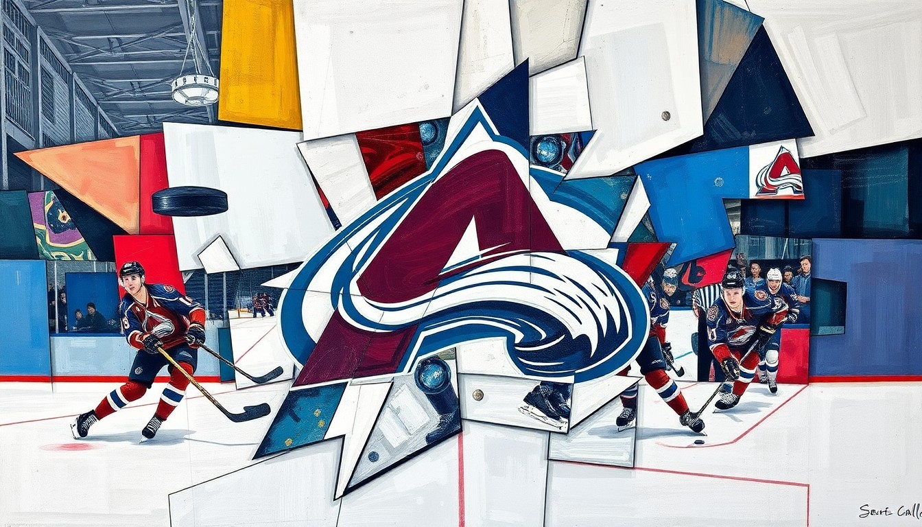 A cubist, geometric painting featuring the Colorado Avalanche logo and colors, as well as dynamic hockey imagery like players, pucks, and sticks, all deconstructed into sharp, overlapping planes of color and form.
