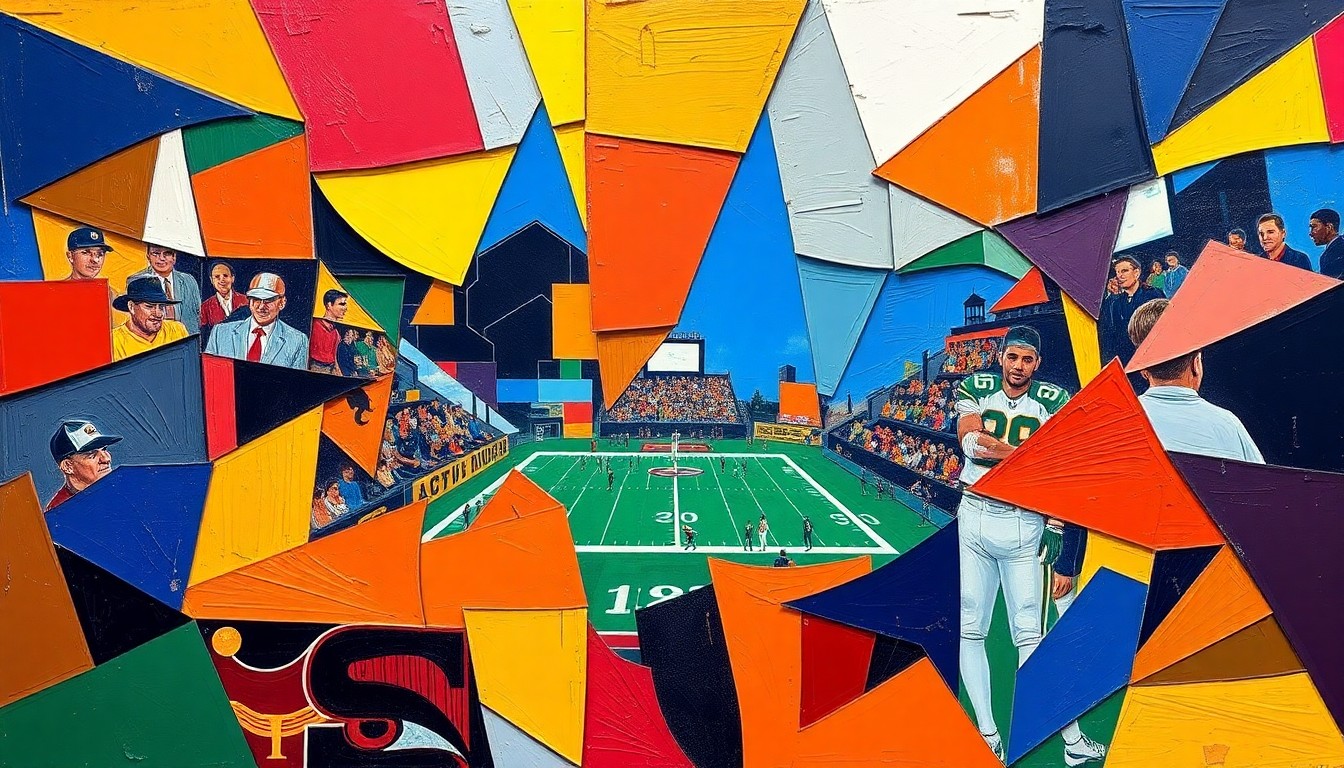 A fractured, cubist-style painting depicting a SWAC football game, with the action broken down into sharp, overlapping geometric shapes and planes in a vibrant color palette, conveying the dynamic energy and competitive nature of the conference's new scheduling model.