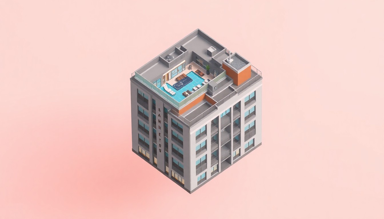 A miniature, stylized 3D illustration of a modern, multi-story student housing building with amenities like a rooftop pool deck, fitness center, and study lounges, conceptually representing the new Icon Tallahassee development near Florida State University.