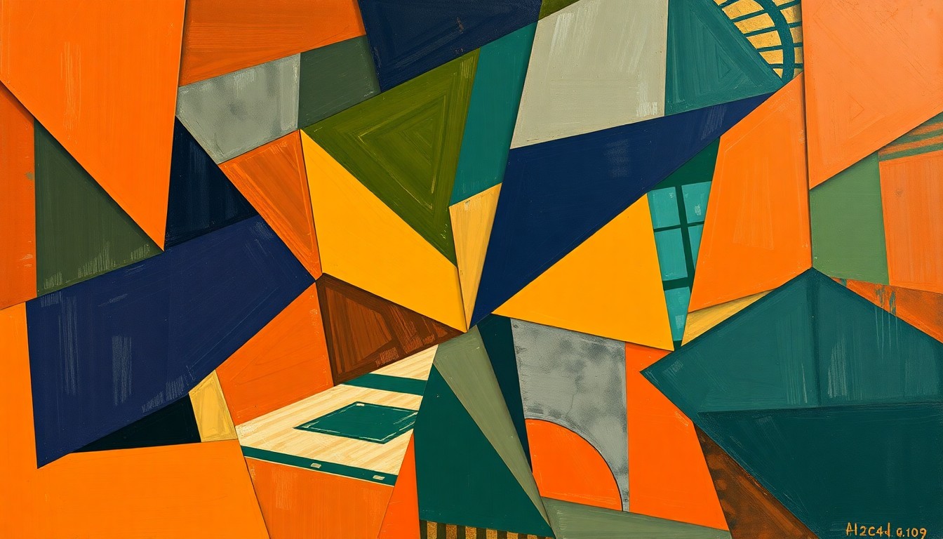 A cubist, geometric painting depicting fragmented, overlapping shapes and planes in shades of orange, blue, and green, conceptually representing the strategic rebuilding of the Texas basketball team.