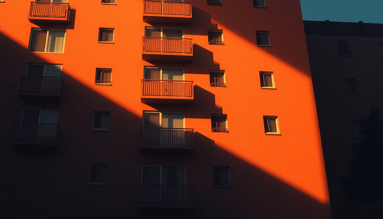 A detailed, photorealistic painting of an apartment building exterior in warm, golden sunlight, with deep shadows accentuating the architectural details, conveying a sense of quiet contemplation about housing policy issues.