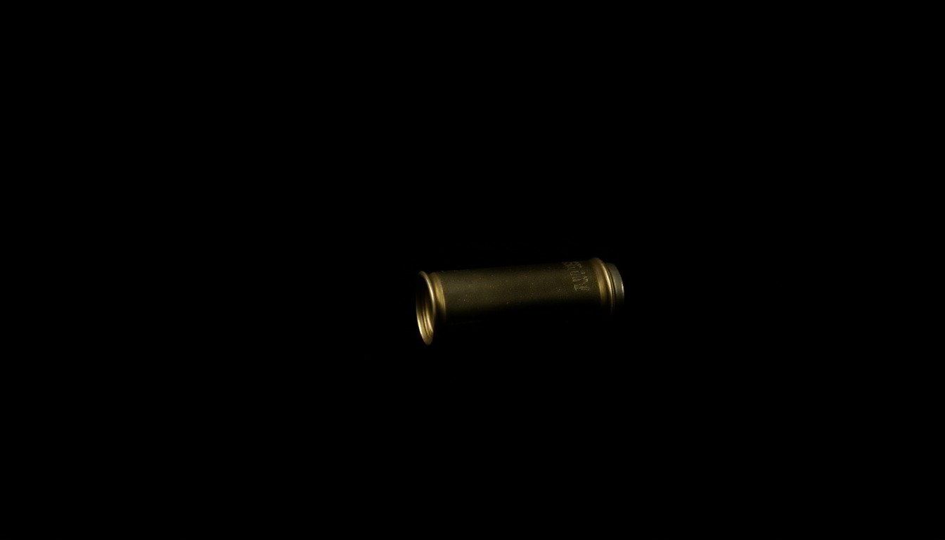An extreme close-up photograph of a single spent 9mm shell casing against a pitch-black background, conveying the serious, investigative nature of this accidental shooting incident without depicting any violence or victims.