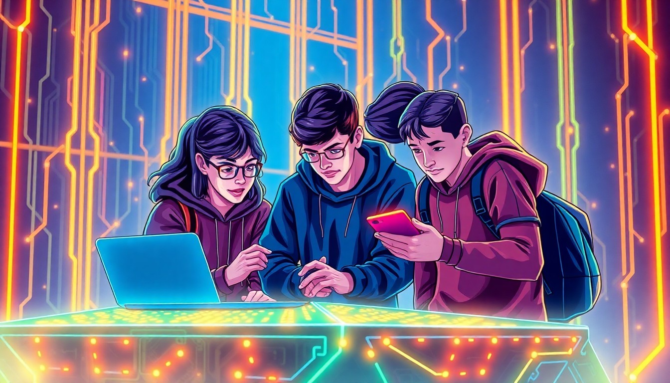 A highly detailed, glowing 3D illustration of a group of high school students working together on a futuristic, neon-lit edge computing device, representing the innovative AI and machine learning solutions they are developing.