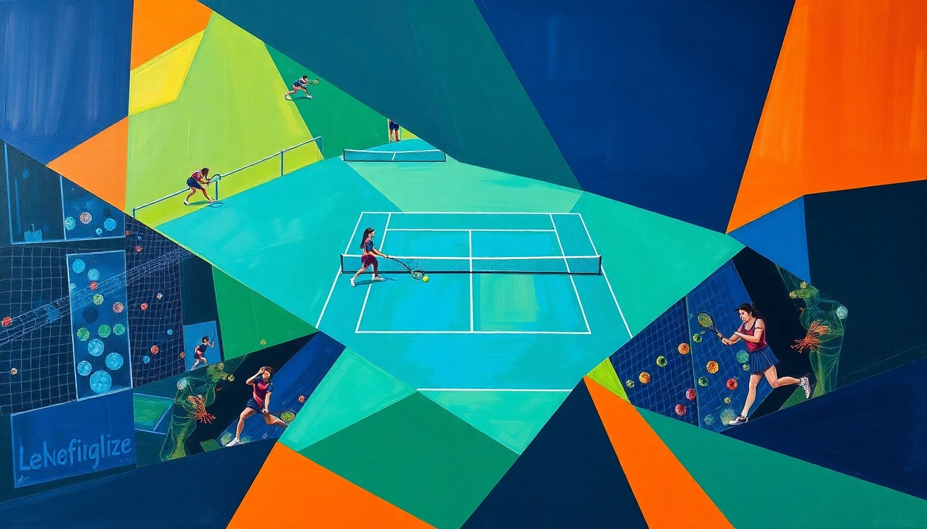 A fragmented, geometric painting depicting the tennis match between Elina Switolina and Linda Noskova, with the players and court broken down into sharp, angular shapes in a vibrant color palette, capturing the strategic battle between power and precision.