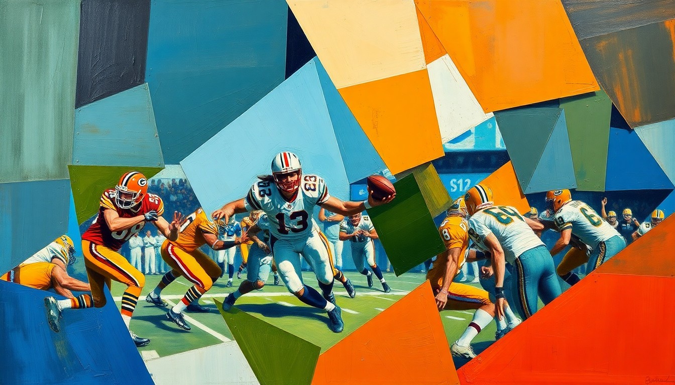 A cubist-style painting depicting a football quarterback in motion, with the player's body and the ball broken down into overlapping geometric shapes and planes in vibrant colors, conceptually representing the Bengals' strategic approach to evaluating quarterback talent.