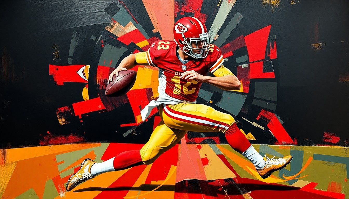 A cubist, geometric painting depicting the explosive motion of a football player rushing the passer, with sharp, overlapping planes in the Chiefs' team colors of red, gold, and black.