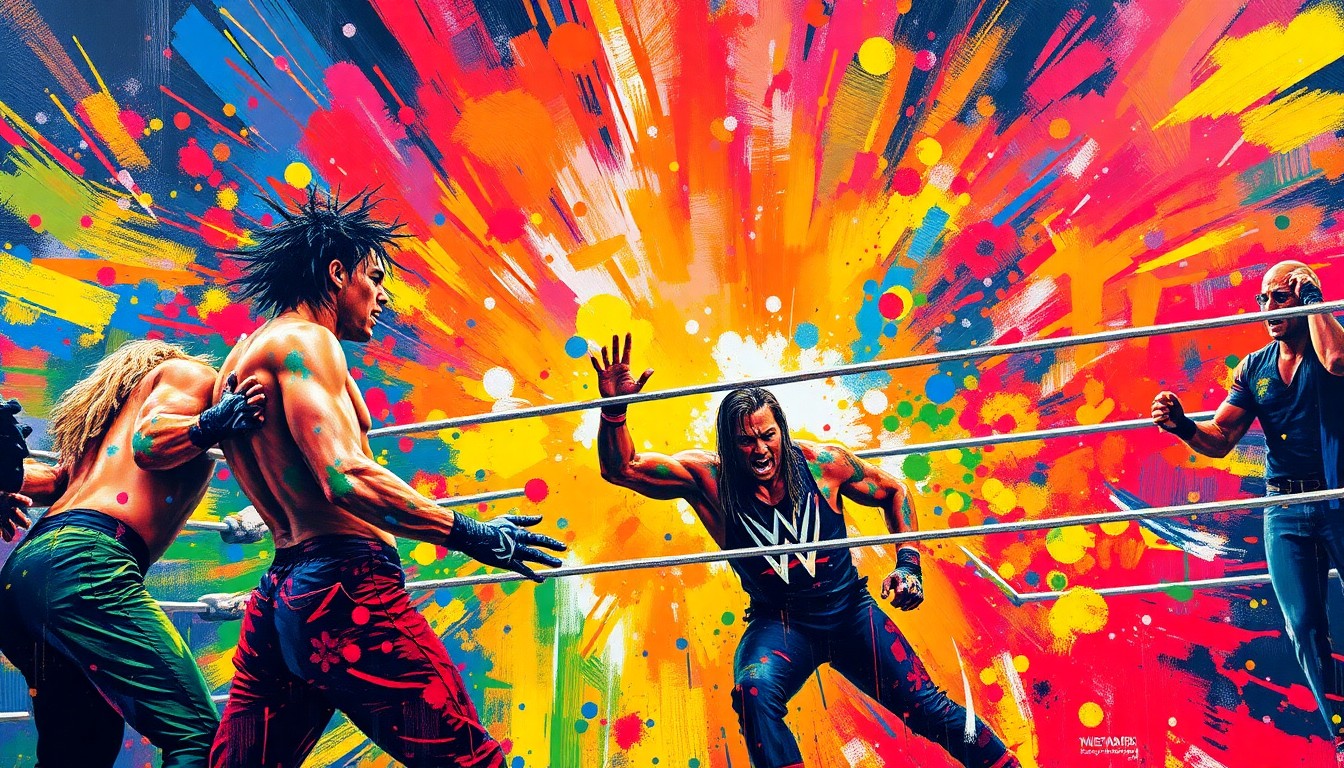 An abstract, energetic painting in neon colors depicting the chaotic movements and clashing of WWE wrestlers, conveying the intensity and excitement of the sport.