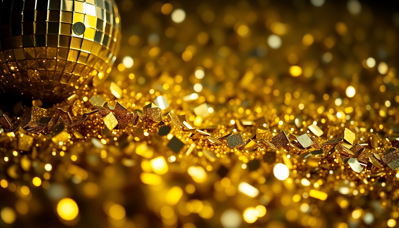 An abstract close-up image of shimmering gold sequins and glittering disco ball fragments, captured in dramatic high-contrast studio lighting to create a glamorous, high-fashion aesthetic.