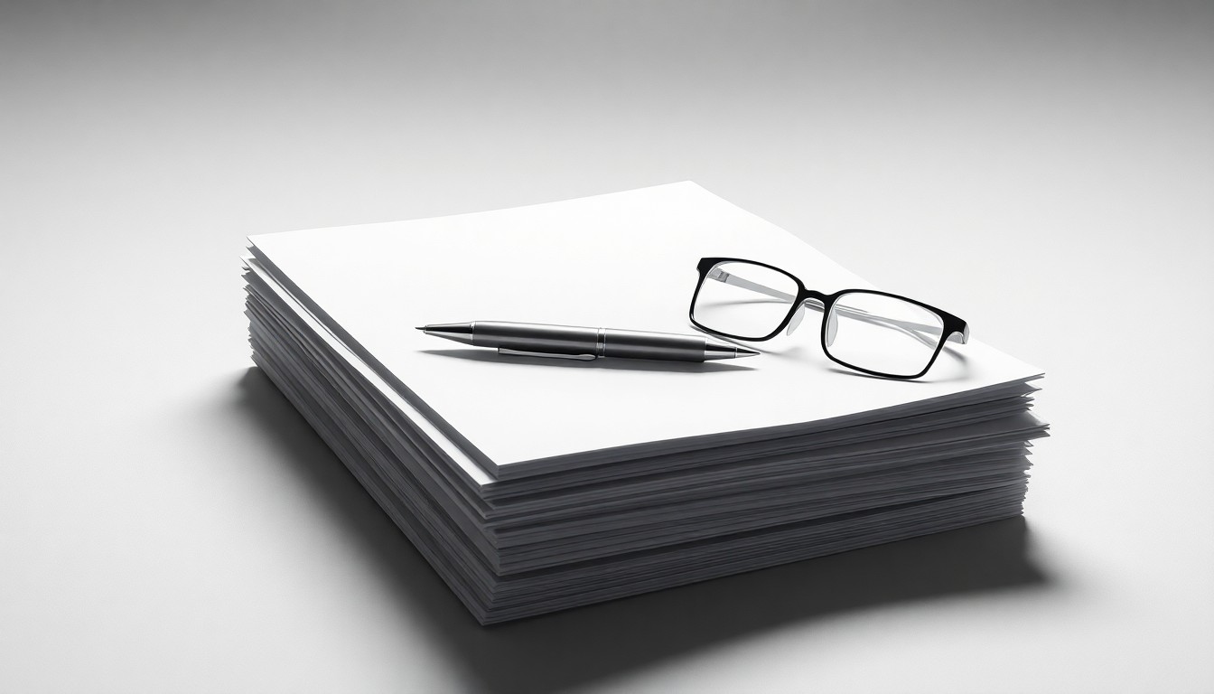 A minimalist studio still life photograph featuring a stack of corporate documents, a metal pen, and reading glasses arranged elegantly on a clean, monochromatic background, conceptually representing the abstract corporate governance and strategy behind Hinge Health's shareholder meeting.