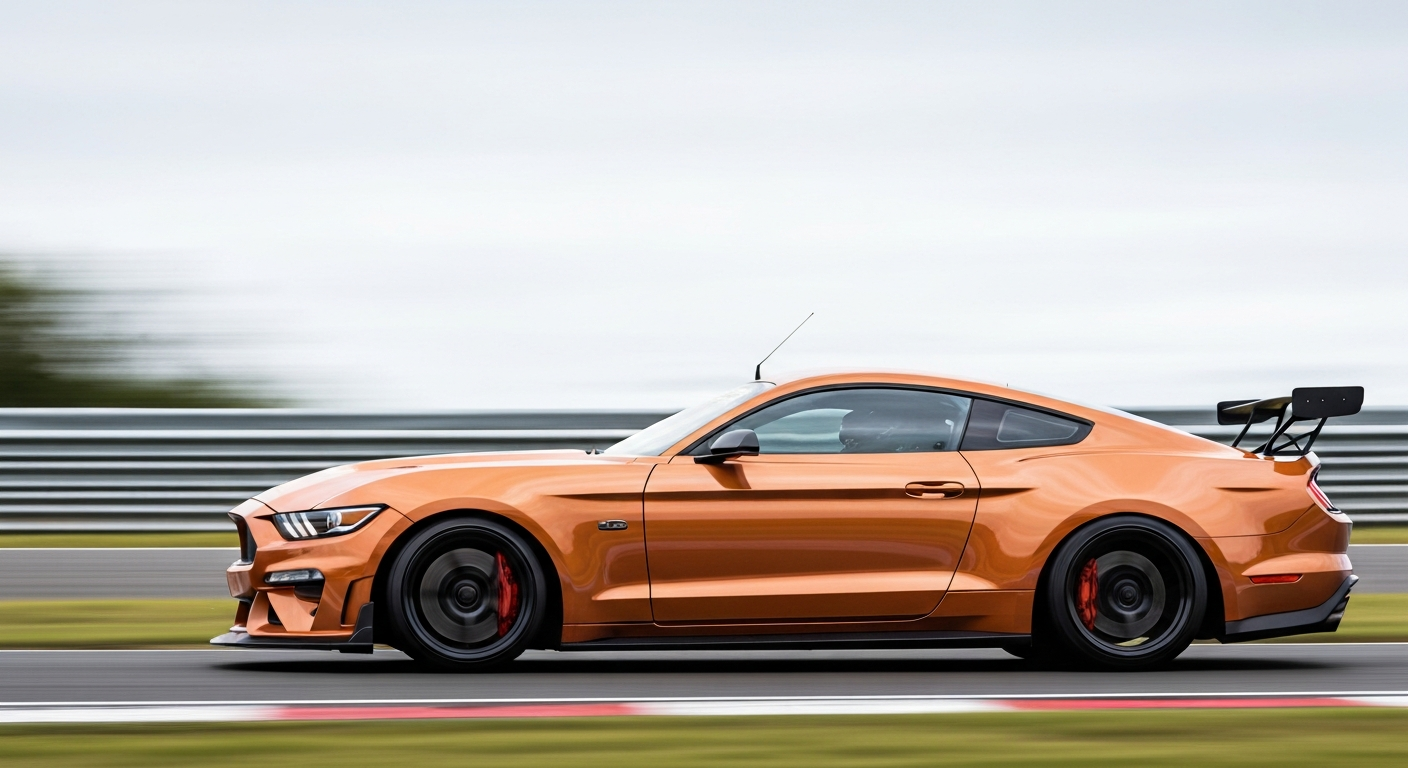 An abstract, motion-blurred illustration of a Ford Mustang GTD Competition racing at high speed on the Nürburgring Nordschleife, with vibrant streaks of color representing the car's dynamic movement.