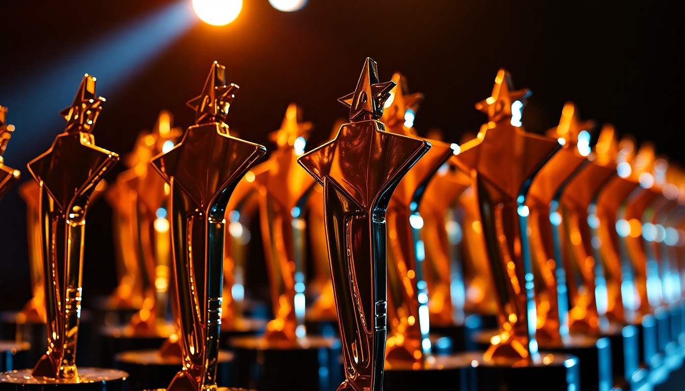An extreme close-up photograph of shimmering, reflective country music award statuettes under dramatic studio lighting, creating a high-contrast, glamorous texture that conceptually represents the emotional highs and lows of industry recognition.